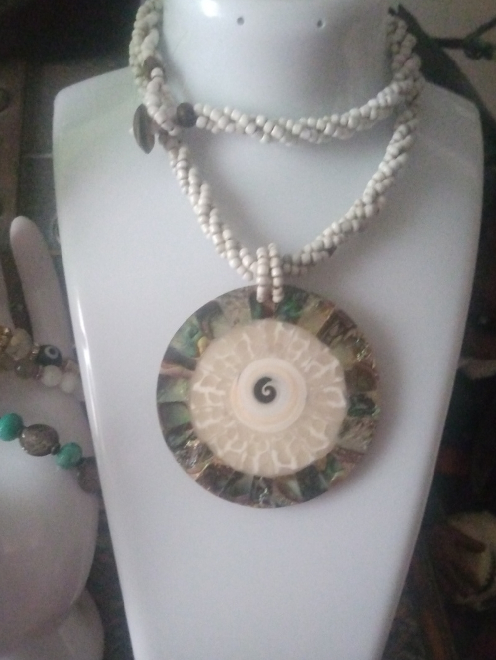 Handmade Cream Bead Necklace with Earth-Tone Pendant